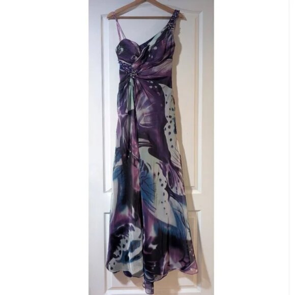 La Femme | One-Shoulder Butterfly Print Occasion Dress - Picture 2 of 16